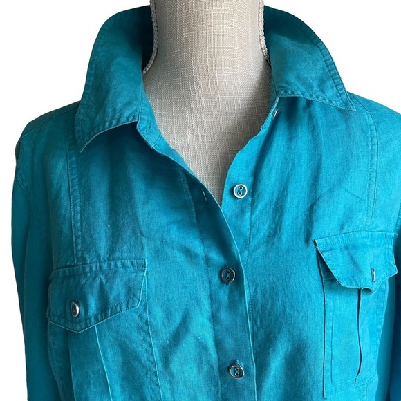 Chico's Blue Linen Button‎ Down with Front Pockets Shirt Size: 2 (M) - Picture 4 of 8